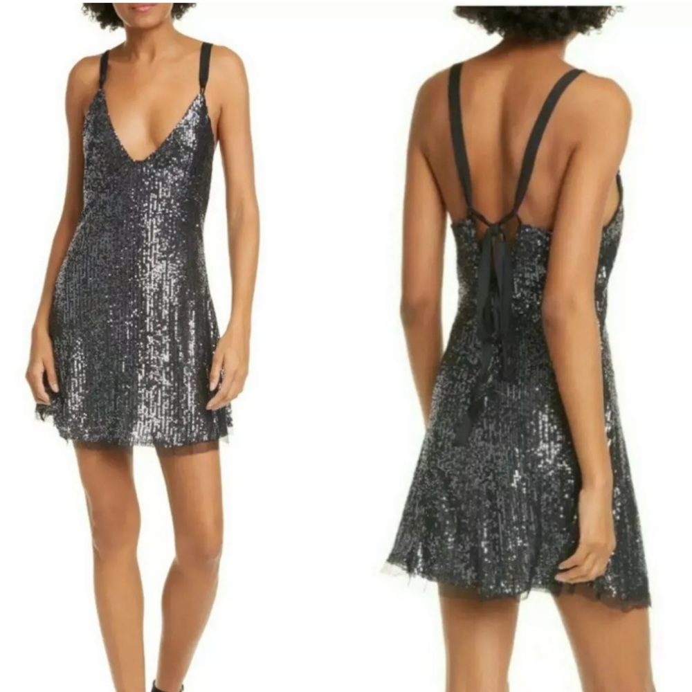 New!! Free People Gold Rush mini Dress in Black Combo